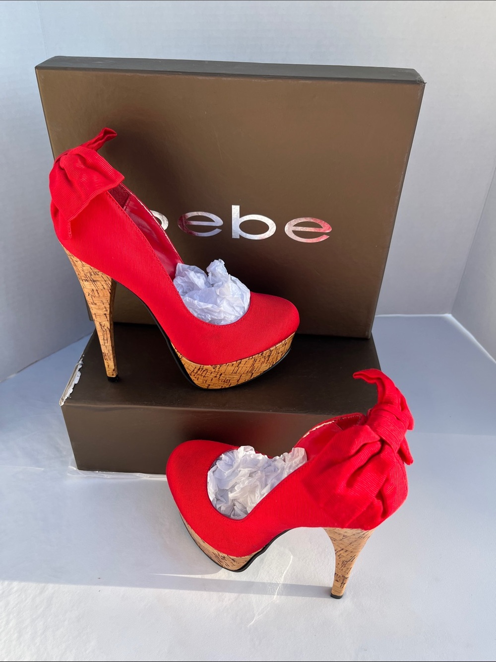 bebe Red Cork Platform Bow High Heels SZ: 6M